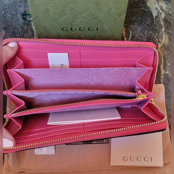 NIB AUTHENTIC GUCCI OPHIDIA PINK MONOGRAM QUILTED LEATHER ZIP AROUND WALLET - Picture 6 of 14